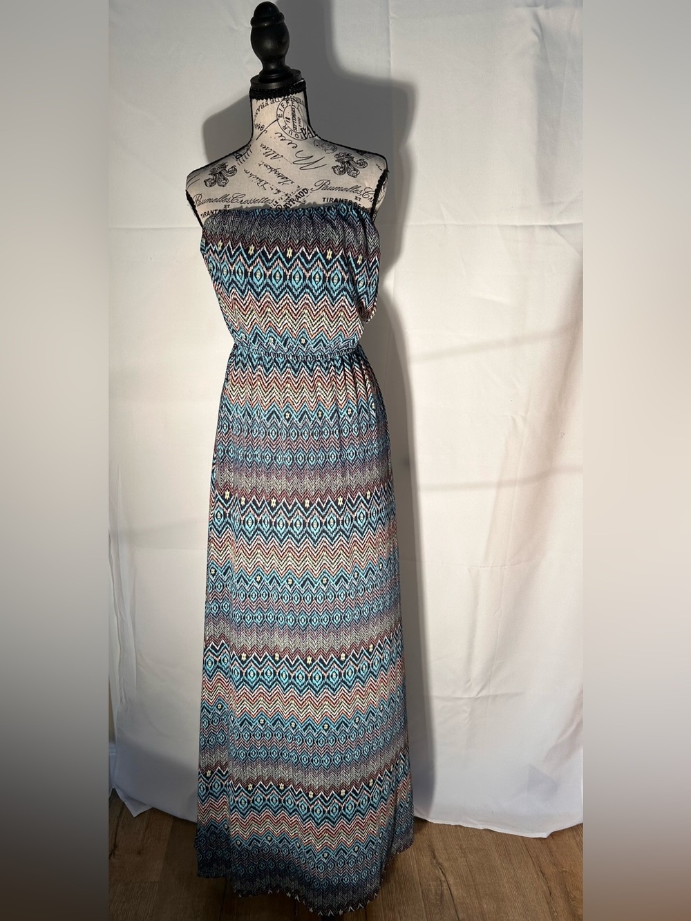 Justify Strapless Chevron Maxi Dress in Teal, Blue, Brown, Cream